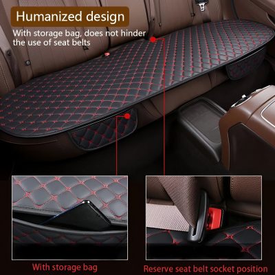 Waterproof car seat cover with storage pockets, designed with humanized, quilted black and red padding, providing comfort, protection, and convenient storage for car interior organization.