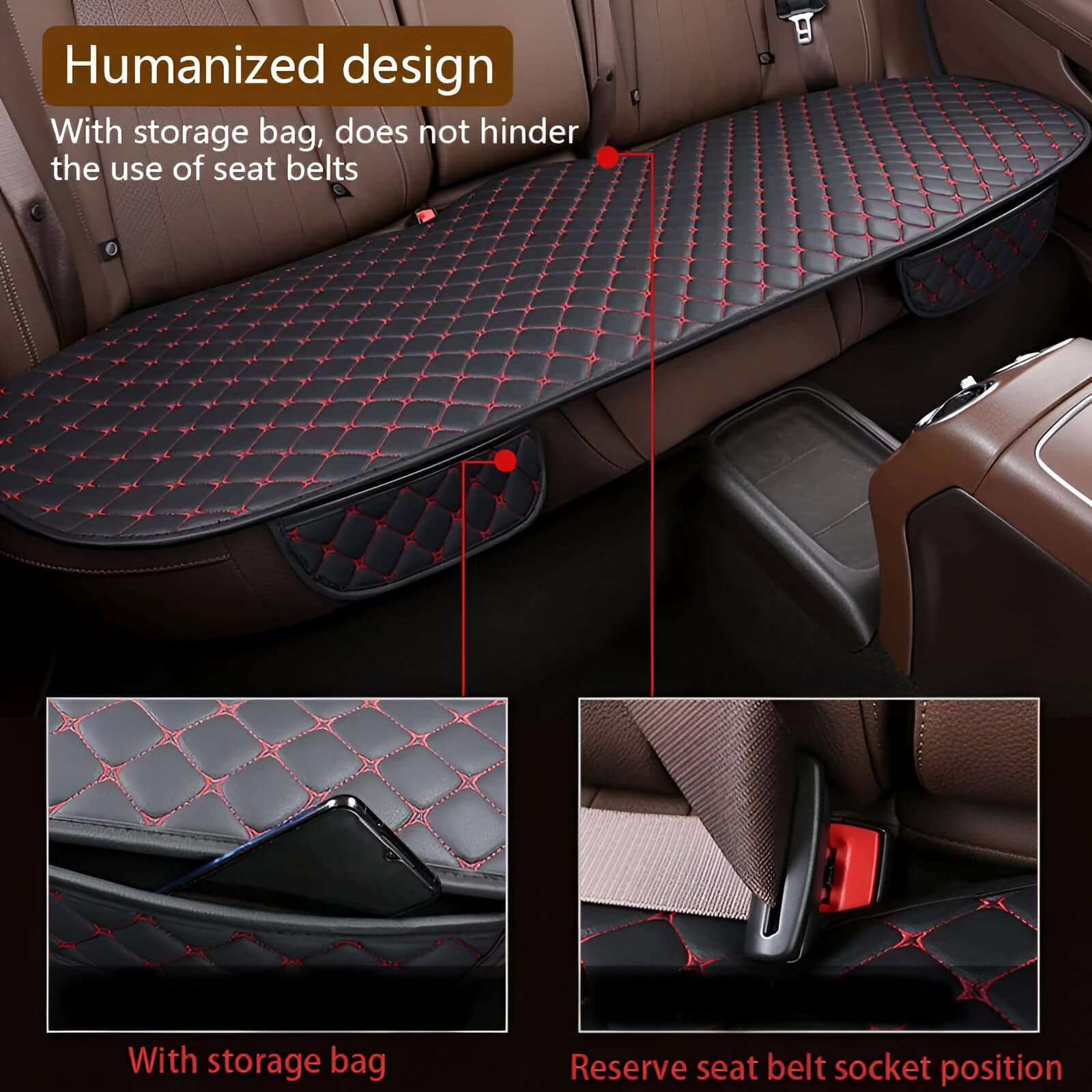 Waterproof car seat cover with storage pockets, designed with humanized, quilted black and red padding, providing comfort, protection, and convenient storage for car interior organization.