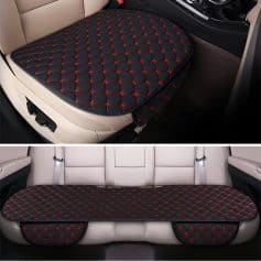 Luxury car seat and back seat protective mats with quilted black and red diamond stitching, designed for vehicle interior comfort and style, available at Monalisa Medical Store.