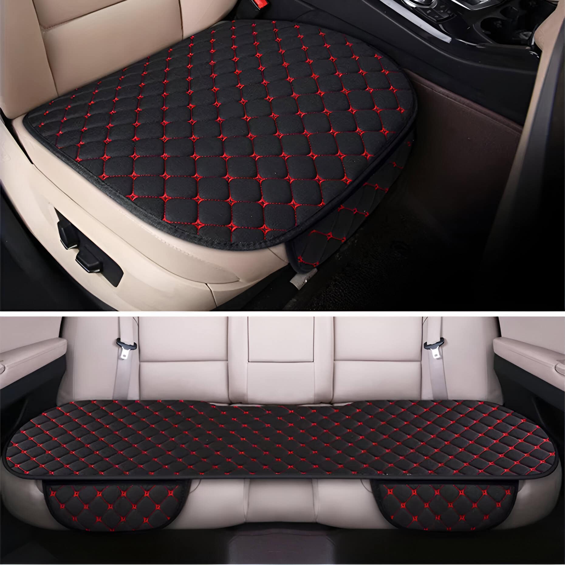 Luxury car seat and back seat protective mats with quilted black and red diamond stitching, designed for vehicle interior comfort and style, available at Monalisa Medical Store.