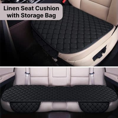 Linen seat cushion with storage bag for car interior protection, featuring quilted design and comfortable padding. Perfect for enhancing vehicle comfort and organization.