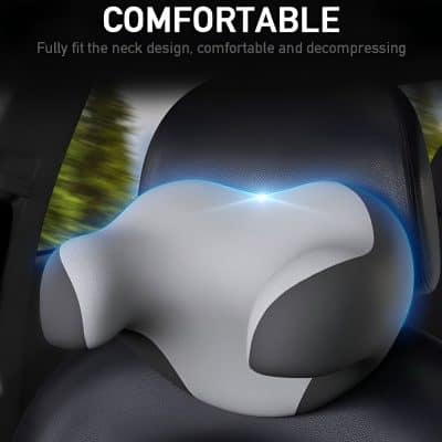 Neck support cushion on car seat for comfort, ergonomic design, and decompression during travel. Ideal for enhancing neck relaxation and reducing pressure for a smoother ride.