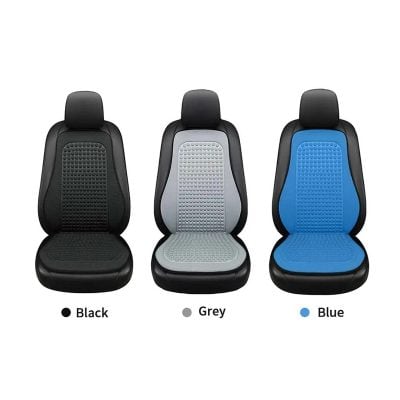 Comfortable ergonomic car seat cushions in black, grey, and blue designed for improved posture and lumbar support for drivers and passengers.