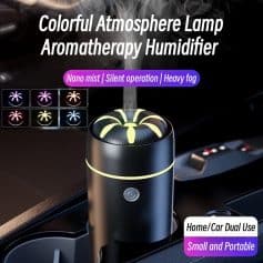 Colorful atmosphere lamp for aromatherapy humidifier with nano mist, silent operation, and heavy fog, perfect for home or car use, small, portable, and ideal for improving air quality.