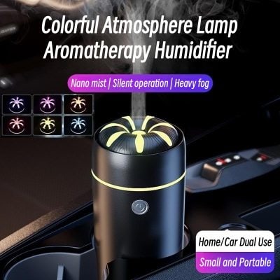 Colorful atmosphere lamp for aromatherapy humidifier with nano mist, silent operation, and heavy fog, perfect for home or car use, small, portable, and ideal for improving air quality.