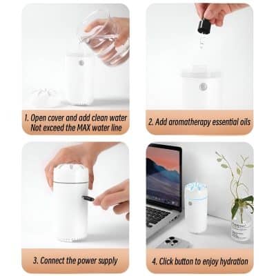 Open water diffuser, add clean water without exceeding the maximum water line, for aromatherapy and hydration purposes.