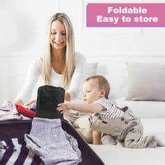 Comfortable women packing a travel bag for her child with easy-to-store, foldable, lightweight baby essentials from Monalisa Medical.