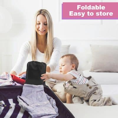 Comfortable women packing a travel bag for her child with easy-to-store, foldable, lightweight baby essentials from Monalisa Medical.
