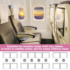 Comfortable airplane window seats with tray tables, ideal for front or middle rows; not suitable for seats without tray tables, ensuring passenger convenience and travel comfort.