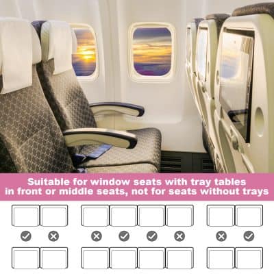 Comfortable airplane window seats with tray tables, ideal for front or middle rows; not suitable for seats without tray tables, ensuring passenger convenience and travel comfort.