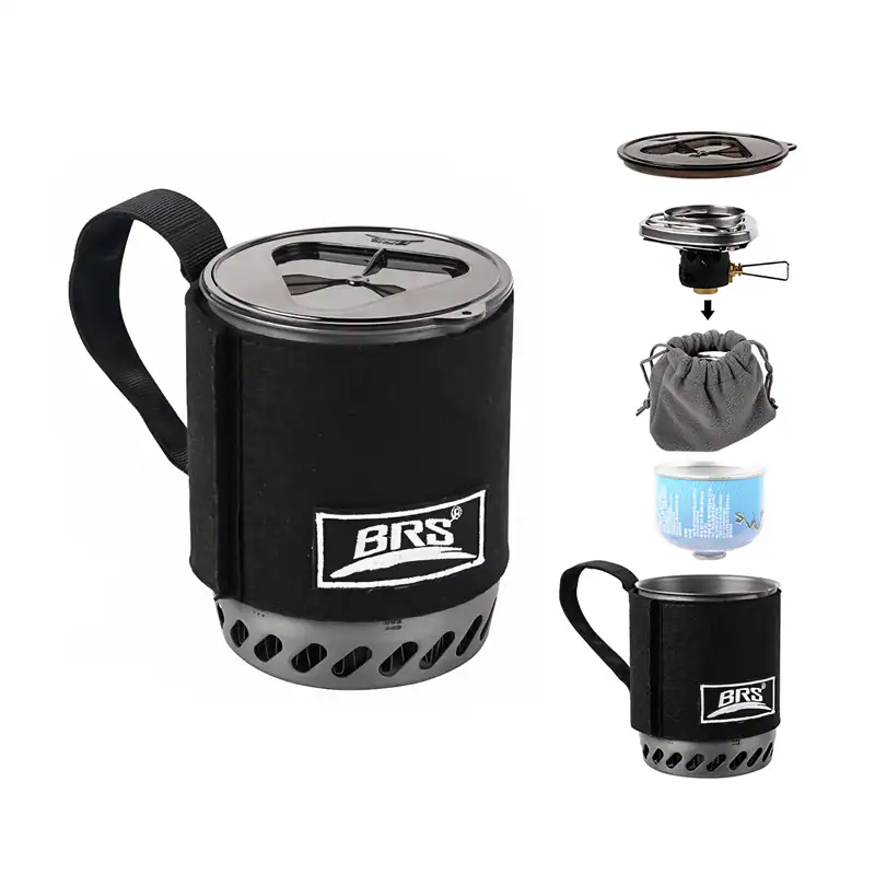 Portable camping stove with dual fuel canister, compact design, and heat-resistant mug, ideal for outdoor cooking and travel.