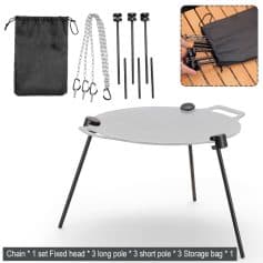 Heavy-duty portable BBQ grill stand with adjustable height, chain set, and storage bag for easy outdoor cooking and camping setups.