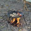 Grill cooking fresh fish and vegetables over an outdoor fire on a portable cast iron grill with stones and fallen leaves around.