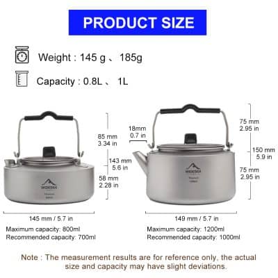 Stainless steel kettle with ergonomic handle, compact design, ideal for boiling water, 0.8L to 1L capacity, perfect for camping or home use.