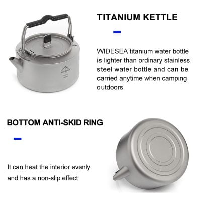 Titanium water kettle for camping and outdoor use, lightweight stainless steel design, with anti-skid bottom ring for safety. Ideal for outdoor cooking, durable, and easy to carry during travel.