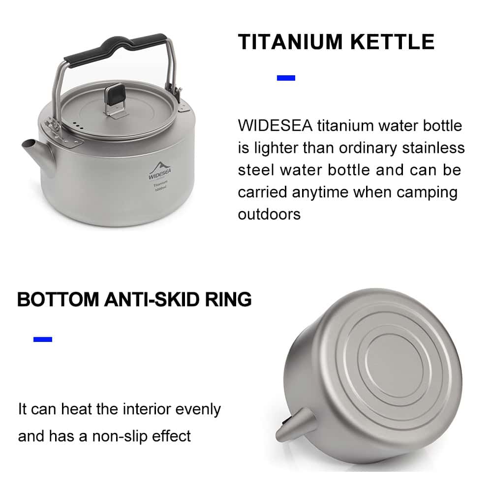 Titanium water kettle for camping and outdoor use, lightweight stainless steel design, with anti-skid bottom ring for safety. Ideal for outdoor cooking, durable, and easy to carry during travel.