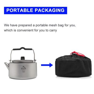 Stainless steel travel kettle with portable mesh bag carrying case, ideal for outdoor use and travel.