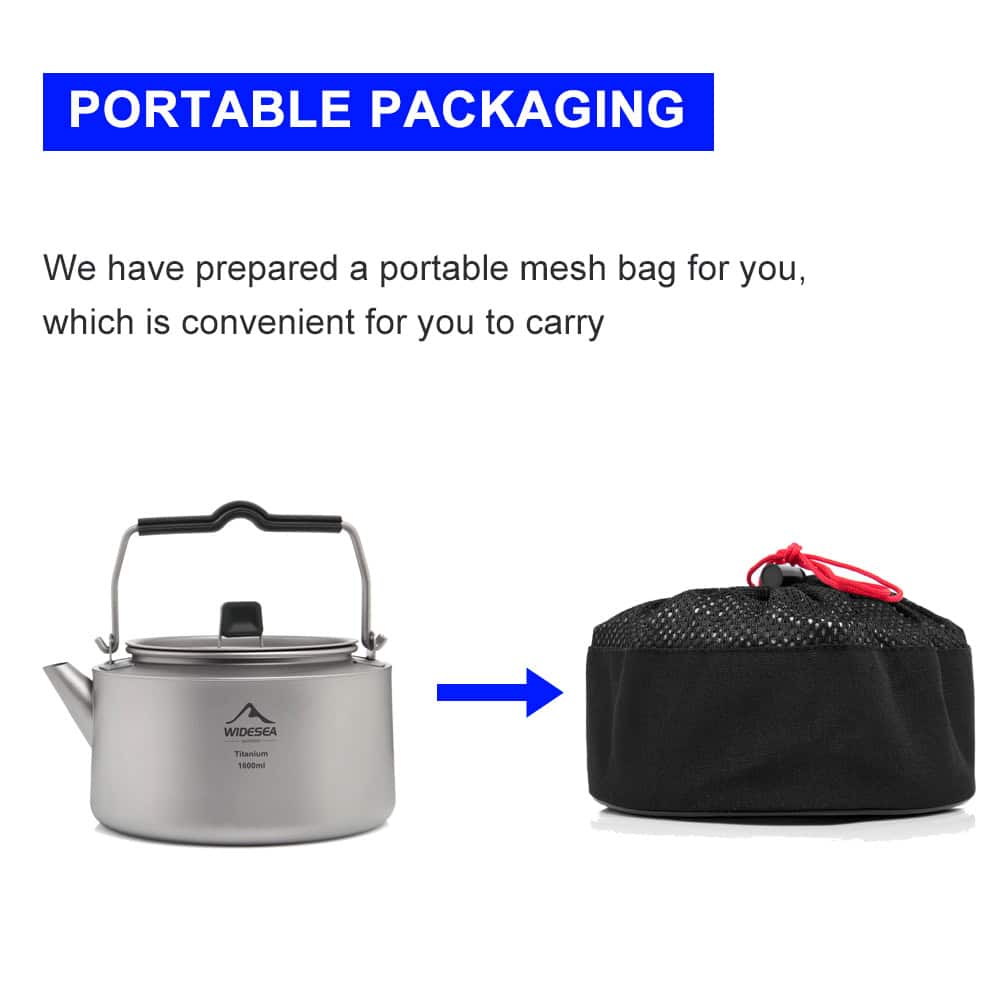 Stainless steel travel kettle with portable mesh bag carrying case, ideal for outdoor use and travel.