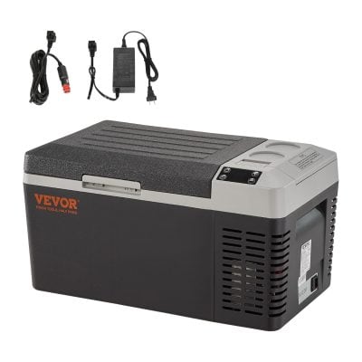 Compact portable deep freezer with power adapter and cords, ideal for medical or laboratory use.