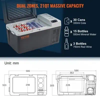 Beer cooler with capacity for 30 cans, 15 bottles, and 3 wine bottles, featuring dual zones and compact design for efficient beverage storage and chilling.