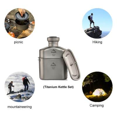 Stainless steel titanium kettle set ideal for outdoor activities like camping, hiking, mountaineering, and picnics. Compact, durable, perfect for travel and adventure.