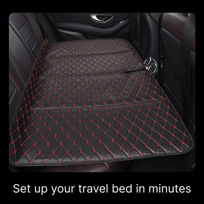Luxury car backseat travel bed with quilted black and red design for comfort and protection. Perfect for safe travel, easy to install, and waterproof. Enhance your vehicle’s interior today.