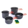 Lightweight camping cookware set with four non-stick pots and a sponge, ideal for outdoor adventures and travel. Durable and compact for easy transportation.