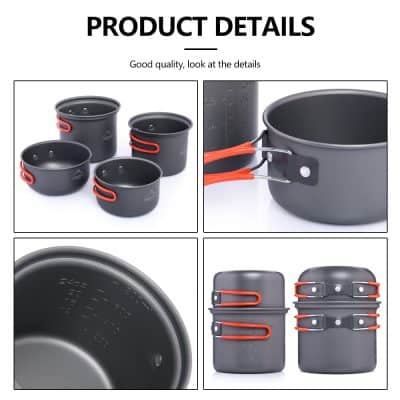 Lightweight outdoor camping cookware set with non-stick pots and foldable handles for easy transportation and storage. Suitable for hiking, backpacking, and outdoor adventures.