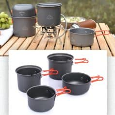 Stainless steel camping cookware set with non-stick coating, including pots, pans, and a portable stove, ideal for outdoor adventures and travel.
