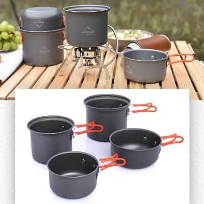 Stainless steel camping cookware set with non-stick coating, including pots, pans, and a portable stove, ideal for outdoor adventures and travel.
