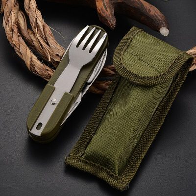 Stainless steel camping cutlery set with foldable fork and knife in an olive green pouch, ideal for outdoor dining and travel.