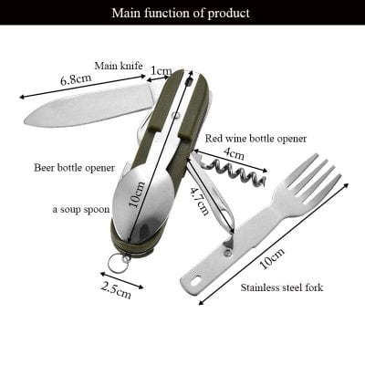 Multi-tool camping knife with bottle openers, corkscrew, spoon, and fork, compact portable design for outdoor adventures and kitchen use.