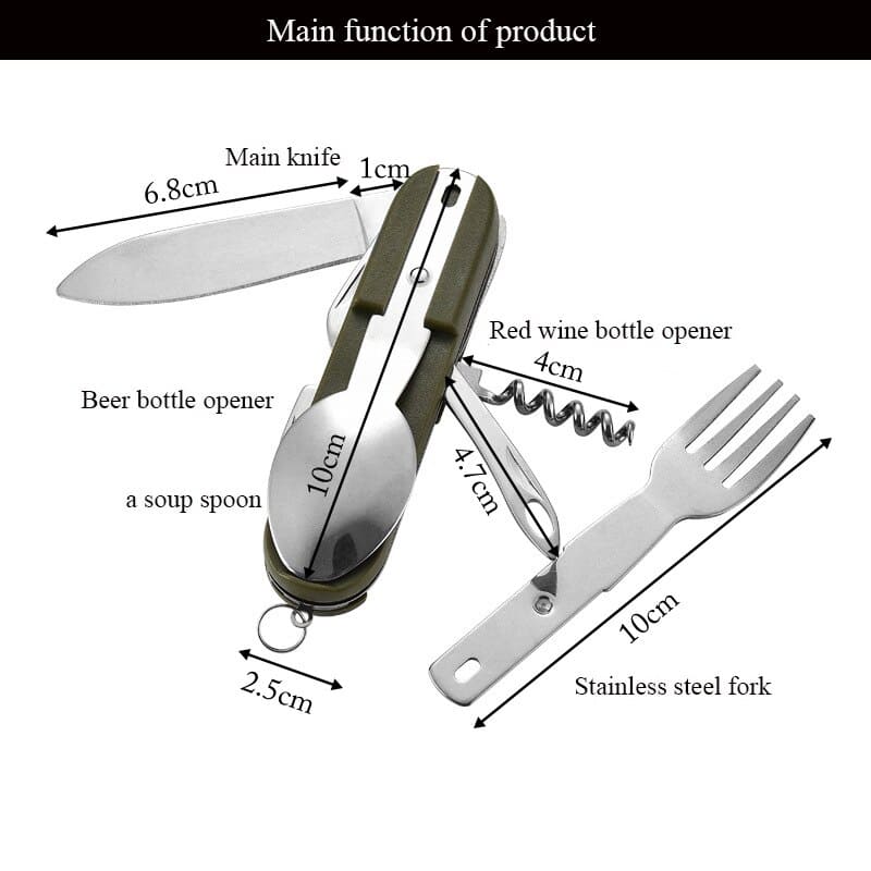 Multi-tool camping knife with bottle openers, corkscrew, spoon, and fork, compact portable design for outdoor adventures and kitchen use.