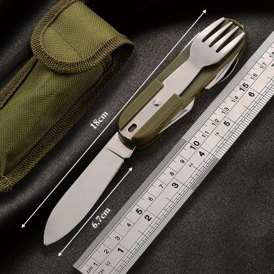 Foldable camping utensil with fork, knife, and spoon, measuring 18 cm when folded and 6.1 cm when compact, ideal for outdoor adventures.