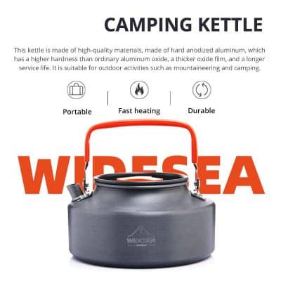 Camping kettle made of high-quality anodized aluminum, durable and portable for outdoor activities like hiking and camping.