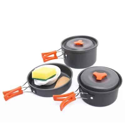Non-stick camping cookware set with collapsible handles, includes pots, lids, sponge, and wooden spatula, ideal for outdoor camping and hiking.