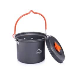 Portable camping cooking pot with lid and handle, suitable for outdoor meals and hiking adventures. Compact design for easy transportation and efficient cooking during outdoor activities.