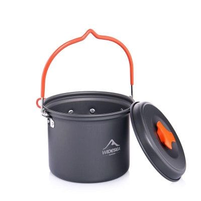 Portable camping cooking pot with lid and handle, suitable for outdoor meals and hiking adventures. Compact design for easy transportation and efficient cooking during outdoor activities.