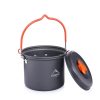 Durable black camping cookware pot with lid and orange handle for outdoor cooking and camping trips. Compact, lightweight, and heat-resistant, ideal for outdoor enthusiasts and travelers.