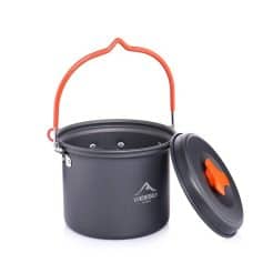 Durable black camping cookware pot with lid and orange handle for outdoor cooking and camping trips. Compact, lightweight, and heat-resistant, ideal for outdoor enthusiasts and travelers.