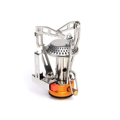 Compact portable camping stove with metal support and safety features, ideal for outdoor cooking and emergency preparedness. Lightweight and durable design for versatile use.