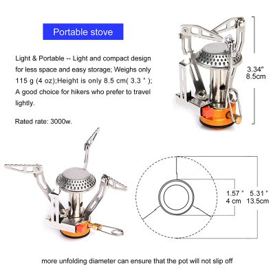 Portable camping stove with lightweight, compact design, ideal for hikers and outdoor enthusiasts, rated at 3000W, featuring adjustable flame control and durable construction for easy travel and efficient performance.