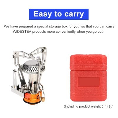 Portable camping stove with lightweight, compact design, ideal for outdoor activities and travel. Comes with a durable storage box for easy carrying and organization of outdoor cooking gear.