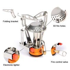 Compact portable camping stove with folding bracket, 93 fire holes for efficient heat distribution, electronic lighter for easy ignition, and fire control valve for safety and precision cooking.