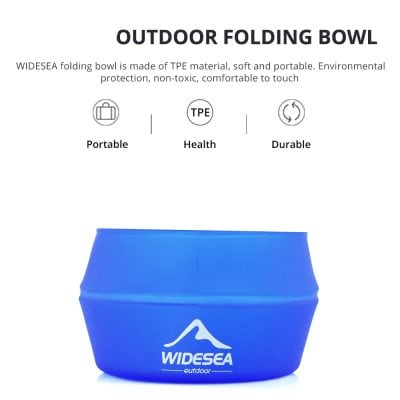 Blue outdoor folding bowl made of TPE for camping and travel, lightweight and eco-friendly, durable and portable, perfect for outdoor activities and picnics.