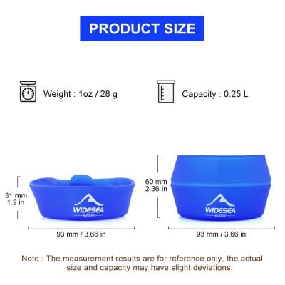 Blue silicone storage container with WIDSEEA logo, suitable for kitchen or outdoor use, measuring 93mm x 60mm x 31mm, with a capacity of 0.25L, lightweight and compact.