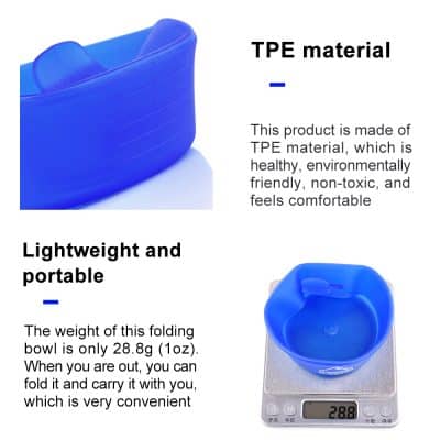 Lightweight blue folding bowl made of eco-friendly TPE material, perfect for travel, weighing only 28.8 grams, easy to carry and durable for outdoor use.