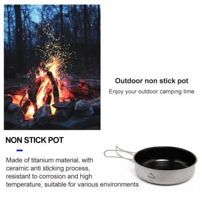 Non stick titanium camping pot for outdoor cooking and camping essentials, corrosion-resistant, durable, ideal for various environments, perfect for outdoor enthusiasts.