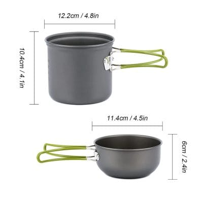 Stainless steel camping cookware set, lightweight portable pots and bowls with foldable silicone handles, perfect for outdoor camping, hiking, and backpacking.