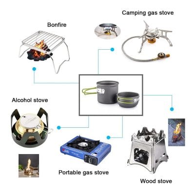 Lightweight camping stove with multi-fuel options including alcohol, wood, propane, and camping gas for outdoor cooking and backpacking adventures.